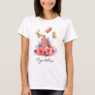 フェアユータリーハウスウォーターカラーフラワーズ&蝶 Tシャツ