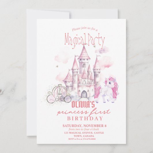 フェアユータリーピンクキャッスルユニコーンプリンセス誕生日 招待状 (正面)