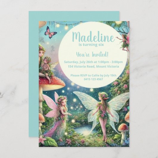 フェアリーお洒落ガーデンエンチャント誕生日 招待状 (正面/裏面)
