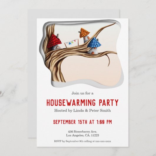 フェアリーお洒落ハウスオンザツリー引っ越し祝いパーティーインビ 招待状 (正面/裏面)