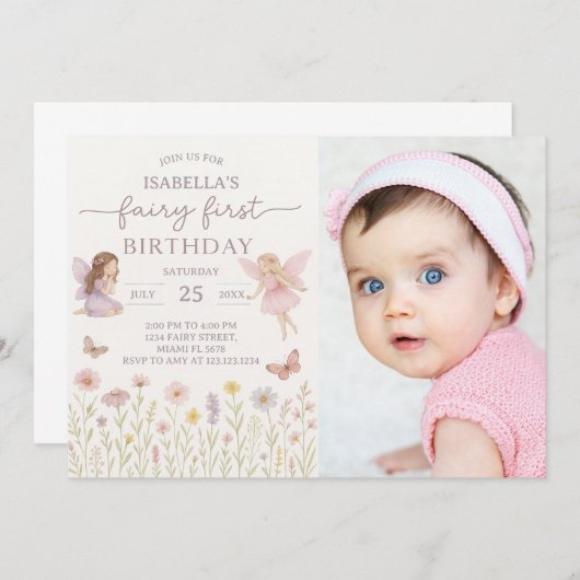 フェアリーお洒落ファースト誕生日招待状(写真あり) 招待状 (正面/裏面)