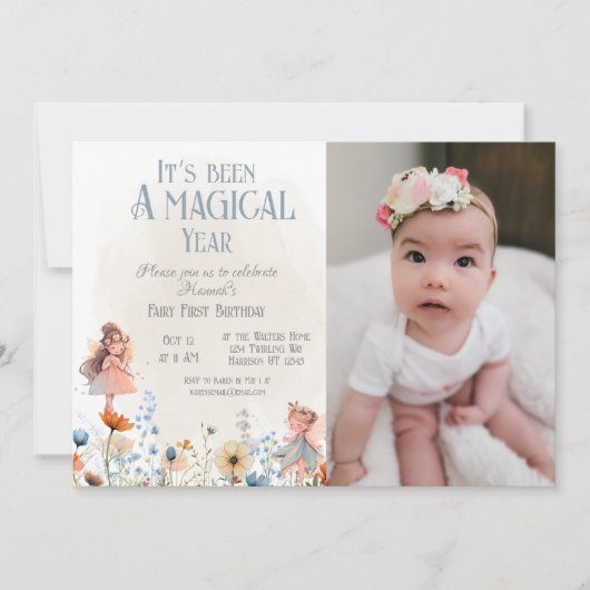 フェアリーお洒落ファースト魔法誕生日写真 招待状 (正面)
