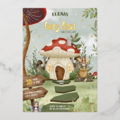 フェアリーお洒落ファースト・フォレスト・キノコ1歳の誕生日 箔招待状 (正面)