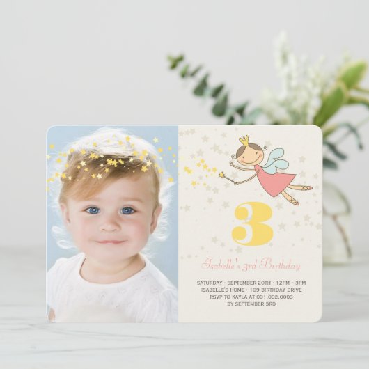 フェアリーお洒落プリンセスガールバースデーパーティー写真 招待状 (スタンド正面)