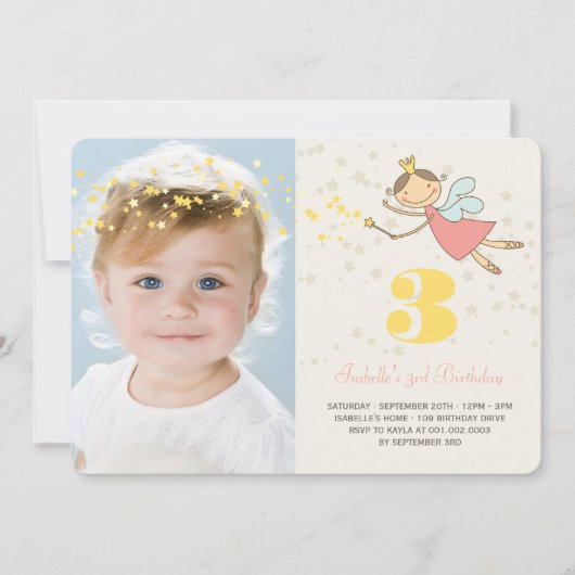 フェアリーお洒落プリンセスガールバースデーパーティー写真 招待状 (正面)