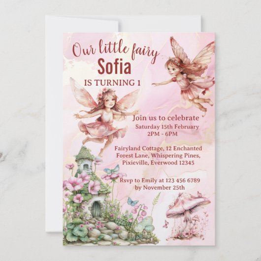フェアリーお洒落ーをテーマにした1回目の誕生日招待状 招待状 (正面)
