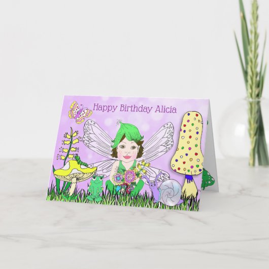 フェアリーお洒落小妖精や小人オン魔法キノコ誕生日 カード (正面)