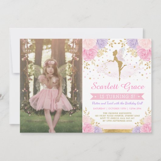 フェアリーかわいらし赤面ピンクパープル金ゴールドバラ誕生日 招待状 (正面)