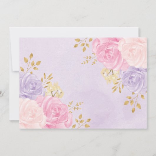 フェアリーかわいらし赤面ピンクパープル金ゴールドバラ誕生日 招待状 (裏面)