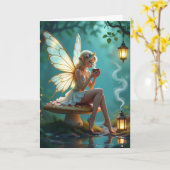 フェアリーとコーヒーをテーマにした誕生日 カード (黄色い花)