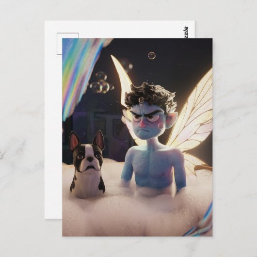 フェアリーとボストンテリアが入浴に悩む ポストカード (正面/裏面)