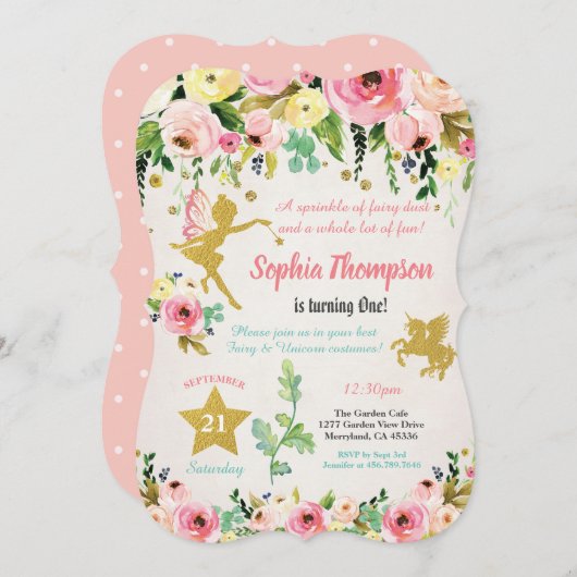 フェアリーとユニコーンの最初の誕生日の招待 招待状 (正面/裏面)