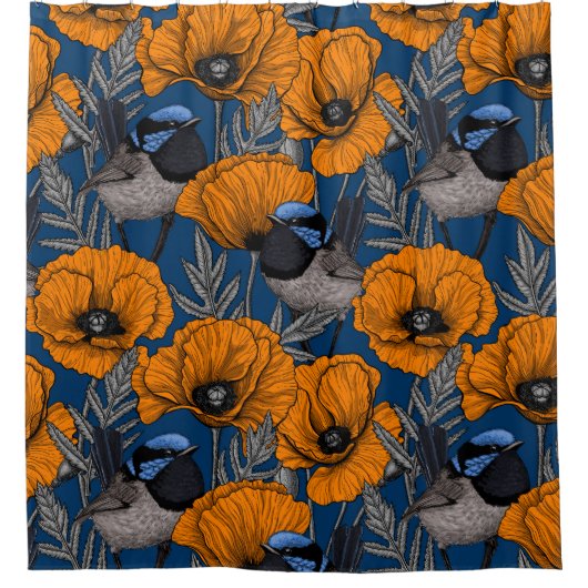 フェアリーのレンツとオレンジ色のケシの花 シャワーカーテン (正面)