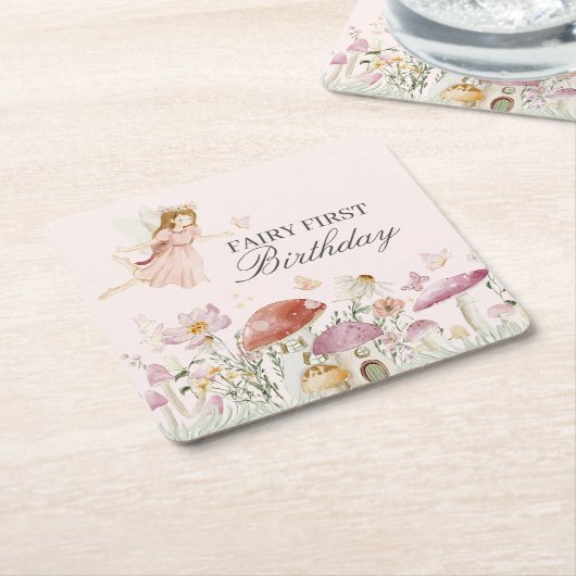 フェアリーの最初の誕生日パーティーデコール スクエアペーパーコースター (アングル)