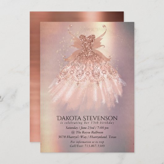 フェアリーウィングバラ金ゴールドガウン | テラコッタコーラルシェン 招待状 (正面/裏面)