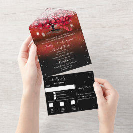 フェアリーエレガントライツ赤いハートリーフ結婚ツリーA オールインワン招待状