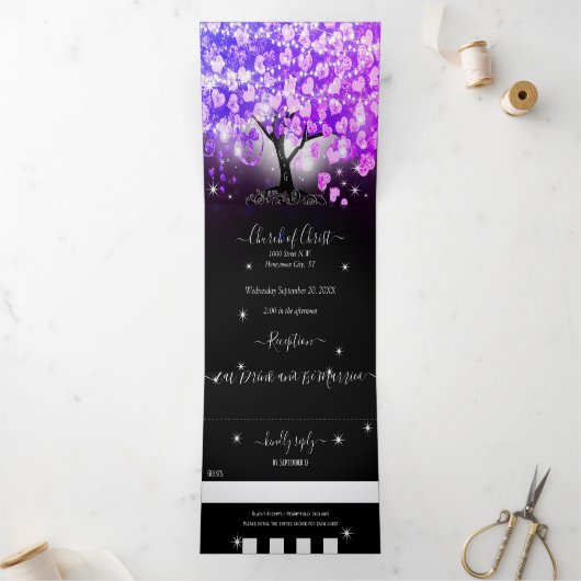 フェアリーエレガントライトプラムピンクハートリーフ結婚ズ 三つ折り招待状 (内部)