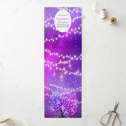 フェアリーエレガントライトプラムピンクハートリーフ結婚ズ 三つ折り招待状 (外部)