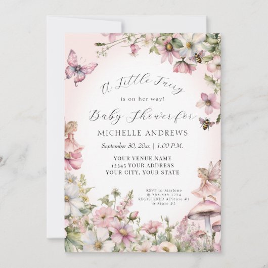 フェアリーガーデンキノコフローラピンクガールベビーシャワー 招待状 (正面)