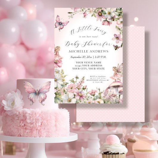 フェアリーガーデンキノコフローラピンクガールベビーシャワー 招待状