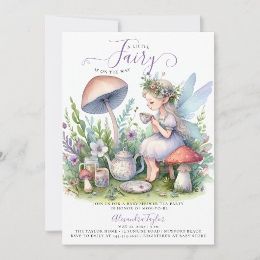 フェアリーガーデンティーパーティーキノコ赤ちゃん女の子シャワー 招待状 (正面)