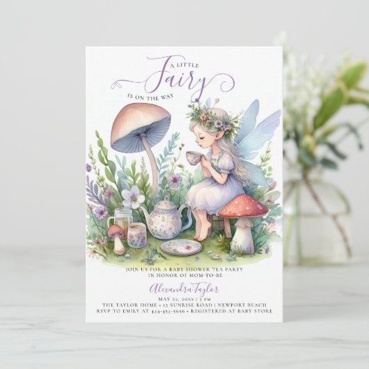 フェアリーガーデンティーパーティーキノコ赤ちゃん女の子シャワー 招待状 (スタンド正面)