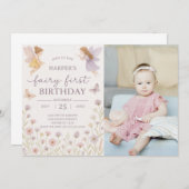 フェアリーガーデンファースト誕生日招待状と写真 招待状 (正面/裏面)