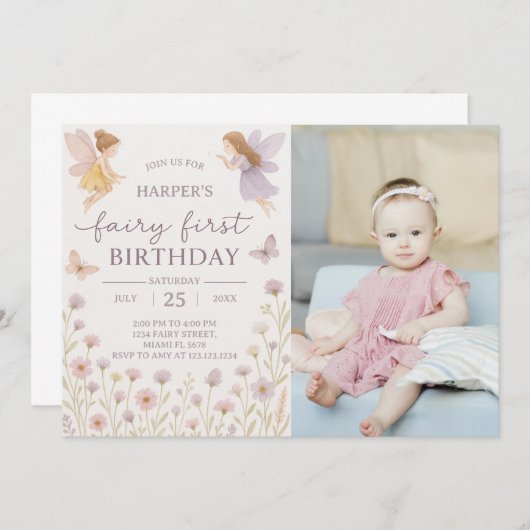 フェアリーガーデンファースト誕生日招待状と写真 招待状 (正面/裏面)