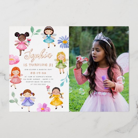 フェアリーガーデンフローラガールフォトバースデーパーティー 箔招待状 (正面)