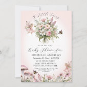 フェアリーガーデンフローラマッシュルームピンクガールベビーシャワー 招待状 (正面)