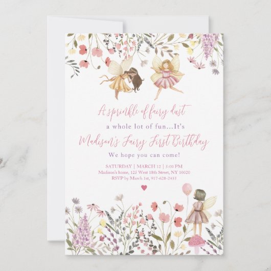 フェアリーガーデンボホワイルドフラワーファースト誕生日 招待状 (正面)