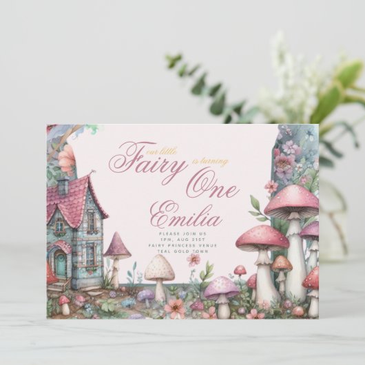 フェアリーガーデン1st誕生日または編集年齢ティール（緑がかった色）金ゴールド 招待状 (スタンド正面)