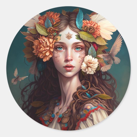 フェアリーガールファンタジークラシックアート丸ステッカー ラウンドシール (正面)