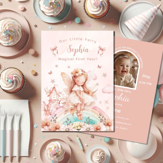 フェアリーガールマジカルティーポットレインボーフォト誕生日 招待状