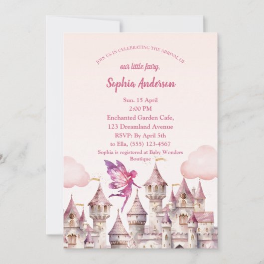 フェアリーキャッスルガールベビーシャワー招待状カード 招待状 (正面)