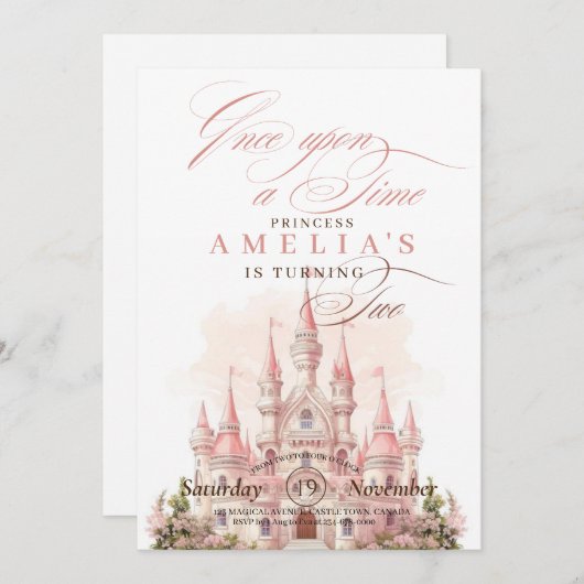 フェアリーキャッスルプリンセスピンクガールバースデーパーティー 招待状 (正面/裏面)
