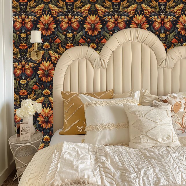 フェアリーコアお洒落オレンジバタフライフラワー 壁紙 (Fairycore Whimsical Orange Butterfly Flowers Wallpaper behind a cream colored headboard.)