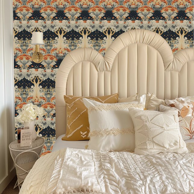 フェアリーコアエテリアアルオレンジ&クリームツリーズ 壁紙 (Fairycore Ethereal Orange & Cream Trees Wallpaper behind a cream colored headboard.)