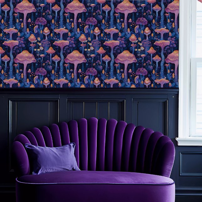 フェアリーコアパープルとブルーお洒落真菌 壁紙 (Fairycore Purple and Blue Whimsical Fungus Wallpaper above a purple scalloped sofa.)