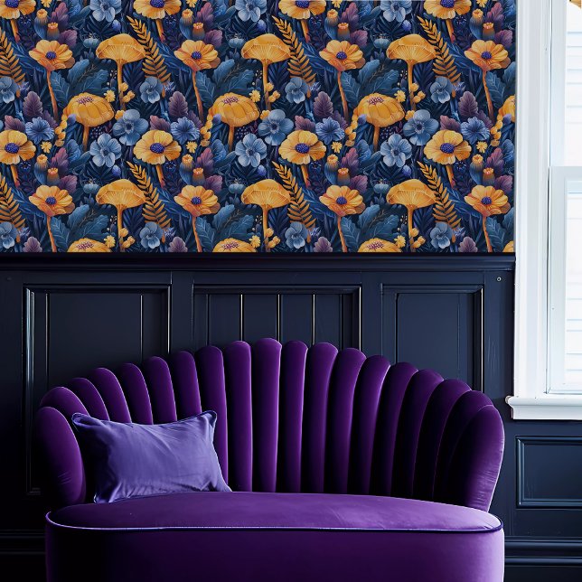 フェアリーコアブルーとイエローフローラ 壁紙 (Fairycore Blue and Yellow Floral Wallpaper above a purple scalloped sofa.)