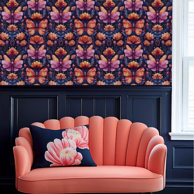 フェアリーコアレッドとピンクの蝶 壁紙 (Fairycore Red and Pink Butterflies Wallpaper above a coral scalloped sofa.)