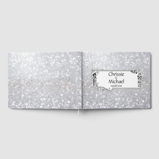 フェアリーシルバー結婚グリッター ゲストブック (全面)