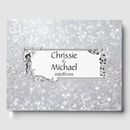 フェアリーシルバー結婚グリッター ゲストブック (正面)