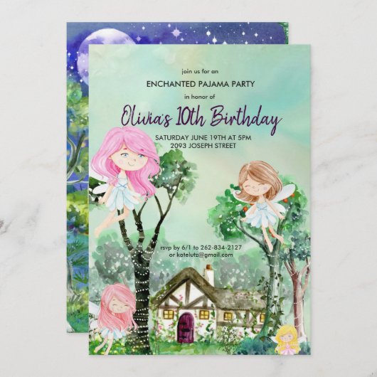フェアリースランバーパーティーパジャマ誕生日招待状 招待状 (正面/裏面)
