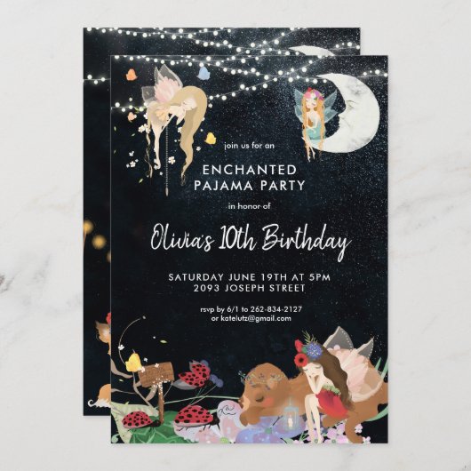 フェアリースランバーパーティーパジャマ誕生日招待状 招待状 (正面/裏面)