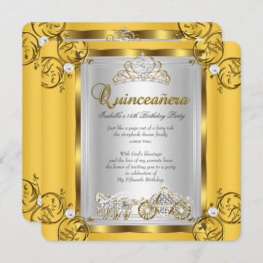 フェアリータキンセアニェラ15th誕生日イエロー金ゴールド 招待状 (正面/裏面)
