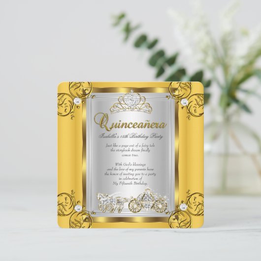 フェアリータキンセアニェラ15th誕生日イエロー金ゴールド 招待状 (スタンド正面)