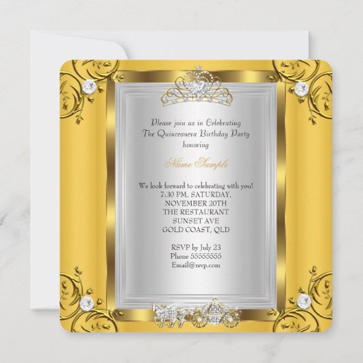 フェアリータキンセアニェラ15th誕生日イエロー金ゴールド 招待状 (裏面)