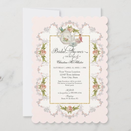 フェアリーティーパーティーティーポットnカップブライダルシャワー 招待状 (正面)