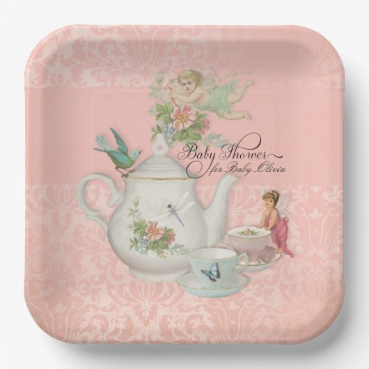 フェアリーティーパーティーベビーシャワーデコパーソナライズされたア ペーパープレート (正面)